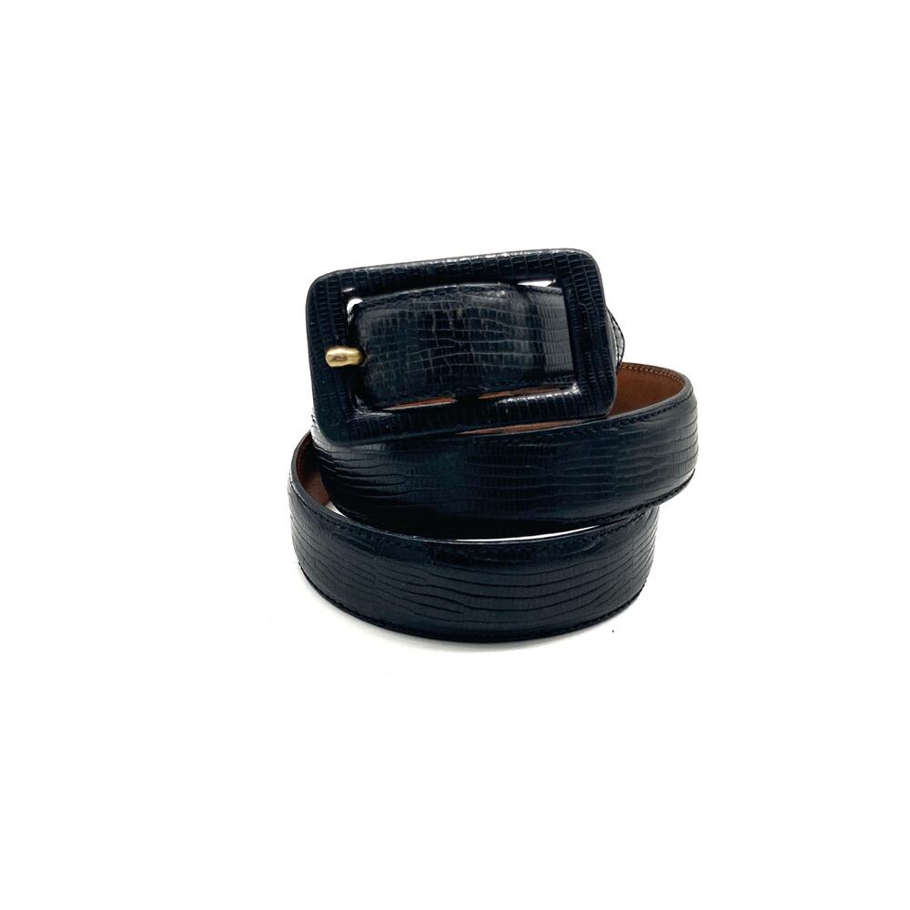 Vintage Italian Black Lizard Embossed Leather Belt Covered Buckle Ralph Lauren